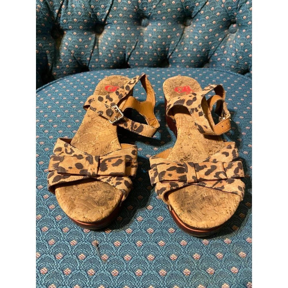 GB GIRLS‎ LEOPARD ANIMAL PRINT OPEN TOE SANDLE WOODEN CORK HEELS SIZE 3